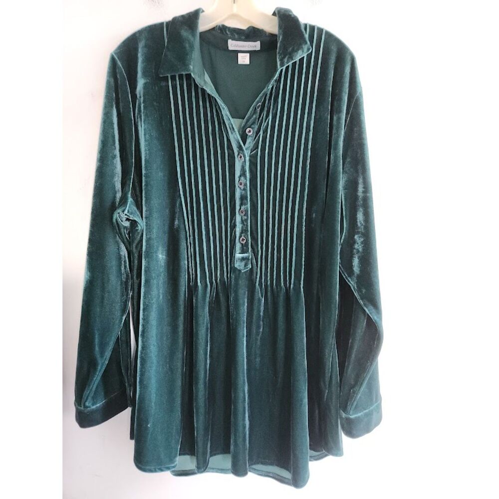 Coldwater Creek Women Dark Green Velvet Pop Over Collard Blouse size 2X
